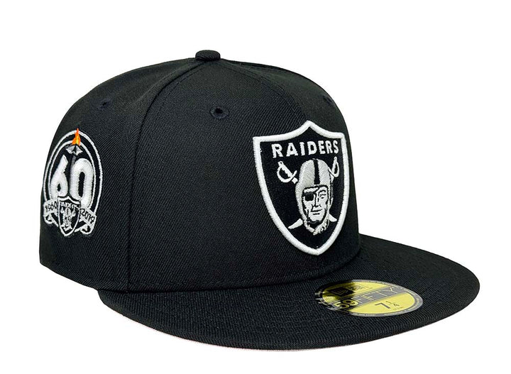 Raiders Fitted New Era 59Fifty 60th Anniversary Patch Black Hat Cap Pink UV