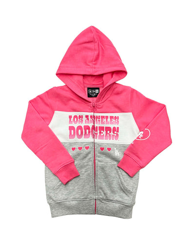 Los Angeles Dodgers Kids Youth T-Shirt New Era Girls (4-14) Full Zip Hearts Hoodie Sweatshirt Grey Pink