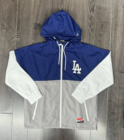 Los Angeles Dodgers Mens Jacket New Era 3 Tone Full Zip Windbreaker Blue Grey White
