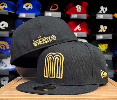 Mexico Fitted New Era 59FIFTY Gold Logo Black Hat Cap Grey UV