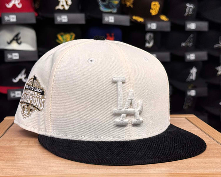 Dodgers Fitted New Era 59Fifty 2025 Back 2 Back Champions Chrome Black Corduroy Cap Hat Green UV