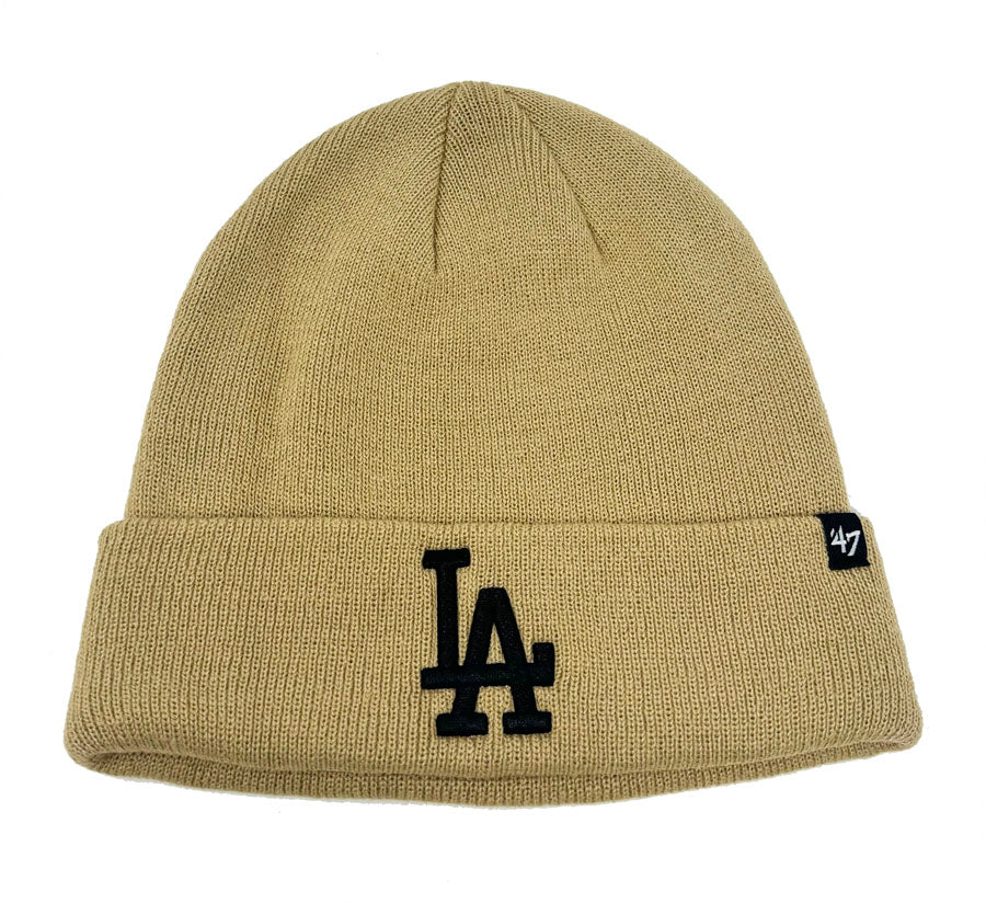 Los Angeles Dodgers Beanie Knit 47 Brand Fold Khaki Black Logo - THE 4TH QUARTER