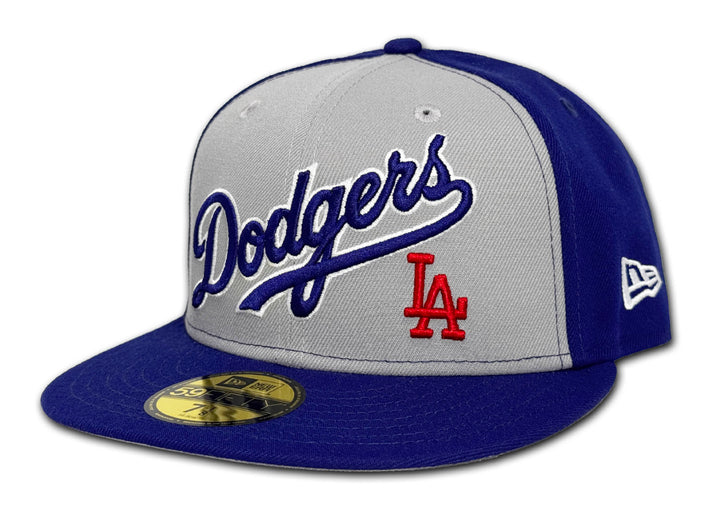 Dodgers Fitted New Era 59Fifty Grey Blue Wordmark Cap Hat Grey UV