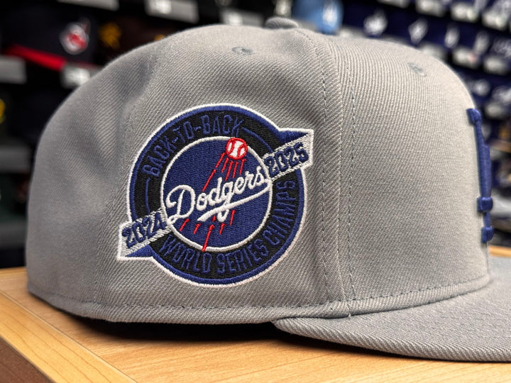 Los Angeles Dodgers Fitted New Era 59Fifty 2025 Champions Back 2 Back Storm Grey Hat Cap