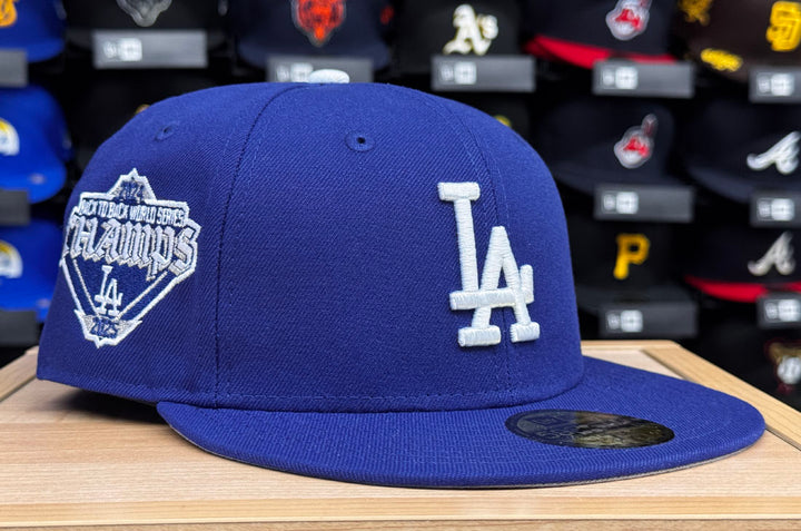 Los Angeles Dodgers Fitted New Era 59Fifty 2025 Champions Back 2 Back Blue Hat Cap Grey UV