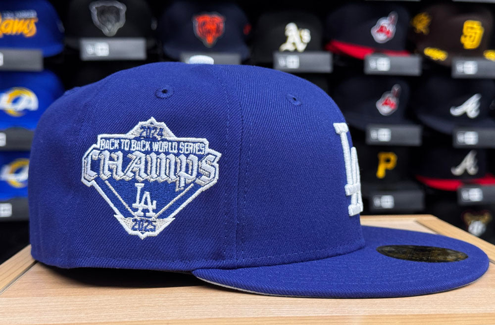 Los Angeles Dodgers Fitted New Era 59Fifty 2025 Champions Back 2 Back Blue Hat Cap Grey UV