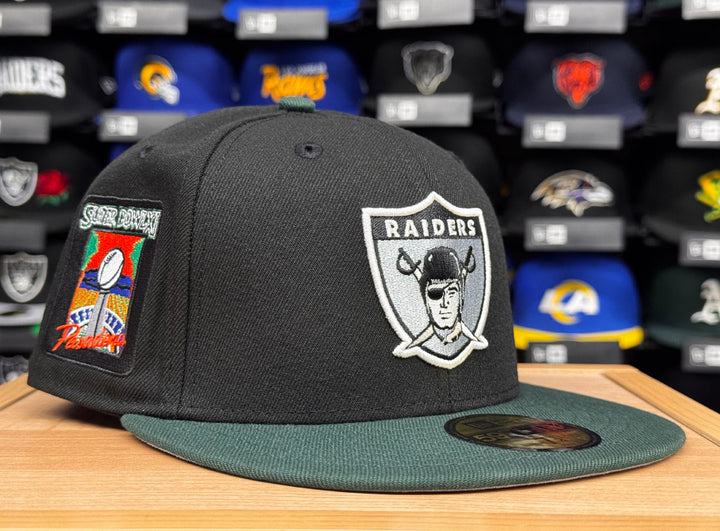 Raiders Fitted New Era 59Fifty 60s Logo Super Bowl XI Black Dark Green Cap Hat Grey UV