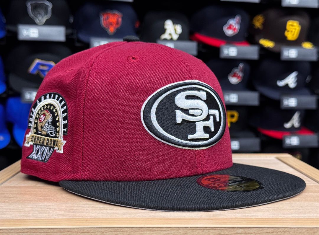 San Francisco 49ers Fitted New Era 59Fifty Super Bowl XXIV Burgundy Black Cap Hat Grey UV