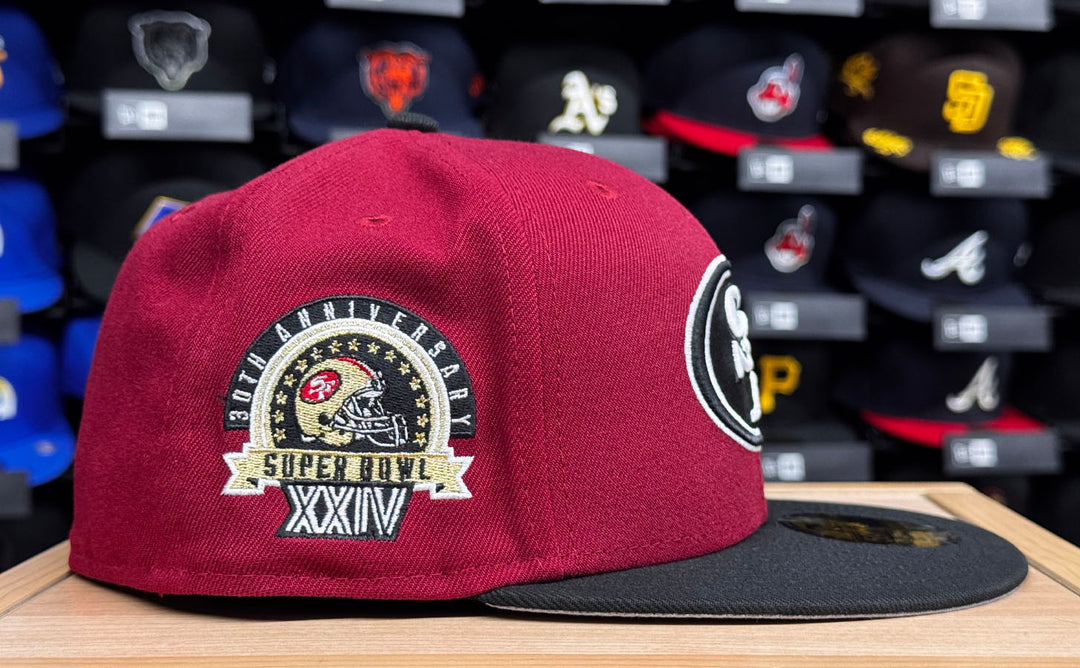 San Francisco 49ers Fitted New Era 59Fifty Super Bowl XXIV Burgundy Black Cap Hat Grey UV