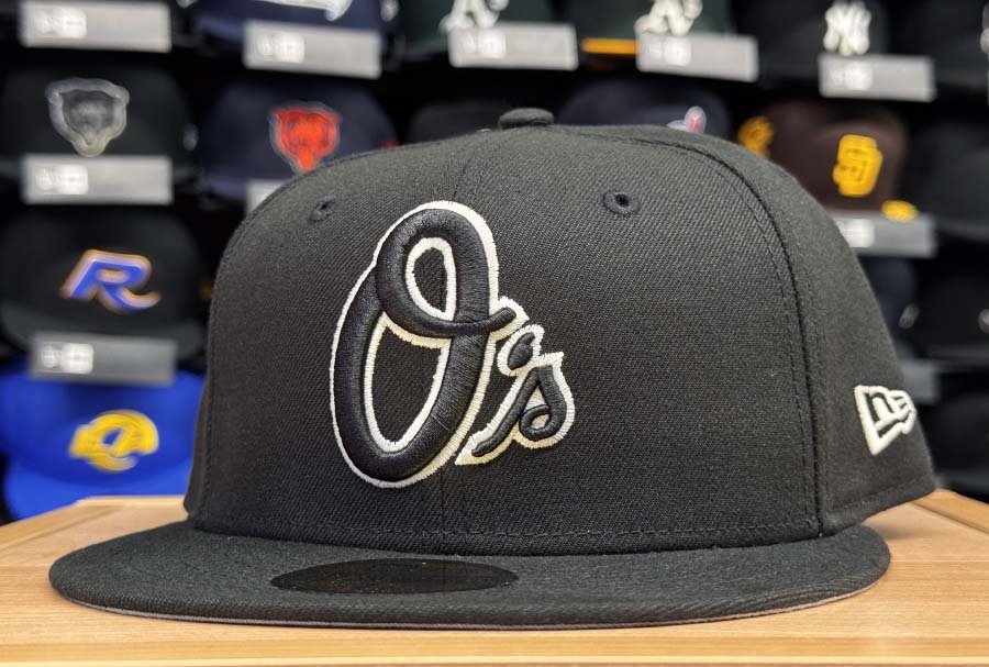 Baltimore Orioles Fitted New Era 59Fifty O Logo White Outline Black Hat Cap
