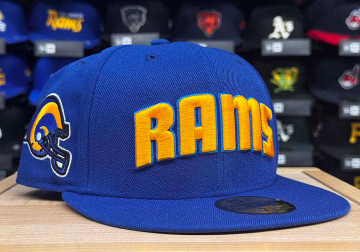 Los Angeles Rams Fitted New Era 59FIFTY Block Royal Blue Hat Cap Grey UV
