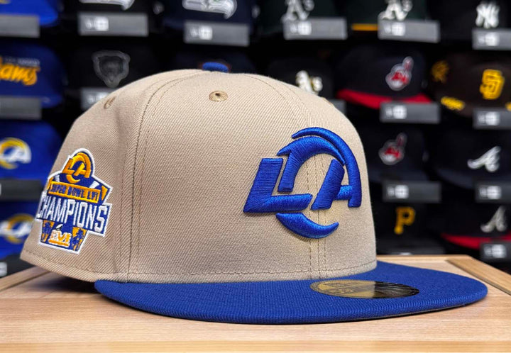 Los Angeles Rams Fitted New Era 59FIFTY Super Bowl Champions Camel Royal Blue Hat Cap Grey UV