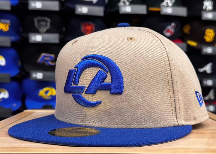 Los Angeles Rams Fitted New Era 59FIFTY Super Bowl Champions Camel Royal Blue Hat Cap Grey UV