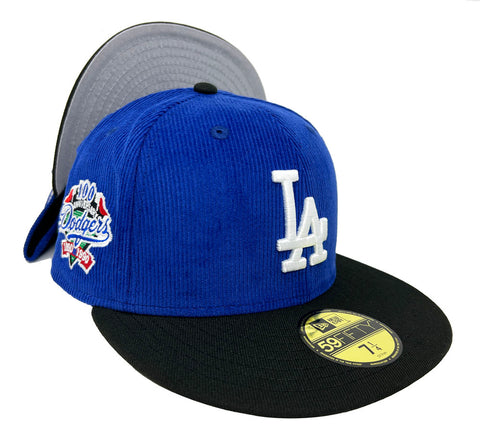 Los Angeles Dodgers Fitted New Era 59Fifty 100th Blue Corduroy Black Hat Cap Grey UV