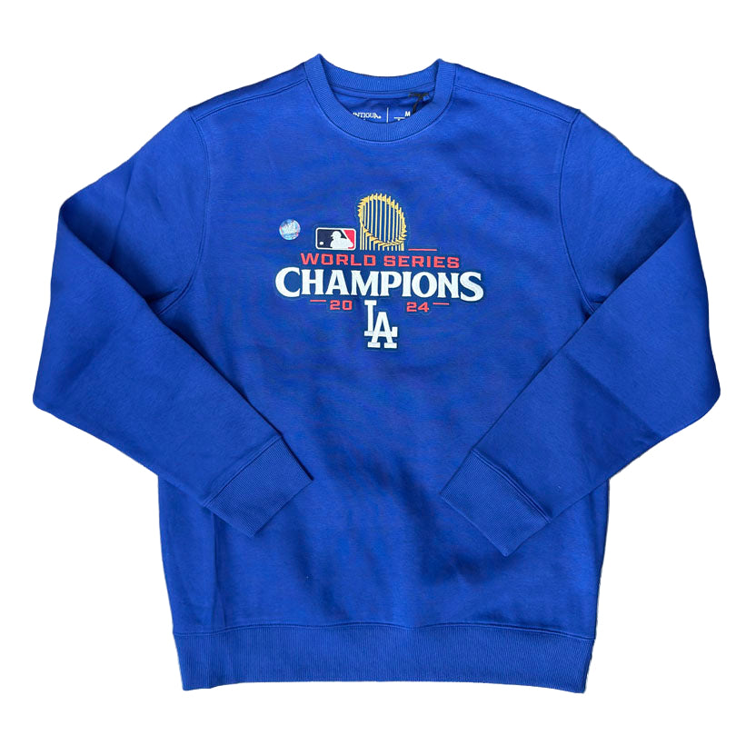 Los Angeles Dodgers Mens Sweatshirt Antigua World Series Champions 2024 Pullover Crew Neck Royal Blue - THE 4TH QUARTER
