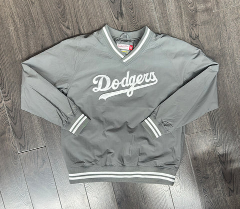 Los Angeles Dodgers Mens Jacket Pullover Mitchell & Ness Wordmark V-Neck Nylon Dark Grey