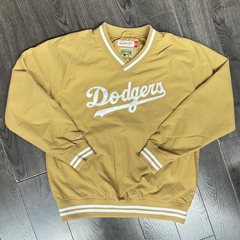 Los Angeles Dodgers Mens Jacket Pullover Mitchell & Ness Wordmark V-Neck Nylon Khaki