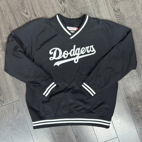 Los Angeles Dodgers Mens Jacket Pullover Mitchell & Ness Wordmark V-Neck Nylon Black