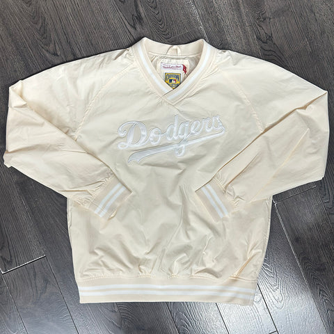 Los Angeles Dodgers Mens Jacket Pullover Mitchell & Ness Wordmark V-Neck Nylon Off White