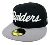 Raiders Fitted New Era 59Fifty Team Script Black Grey Cap Hat Grey UV