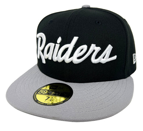 Raiders Fitted New Era 59Fifty Team Script Black Grey Cap Hat Grey UV