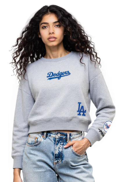 Los Angeles Dodgers Womens Crop Sweatshirt Pro Standard Wingspan Pullover Crewneck Dark Heather Grey - THE 4TH QUARTER