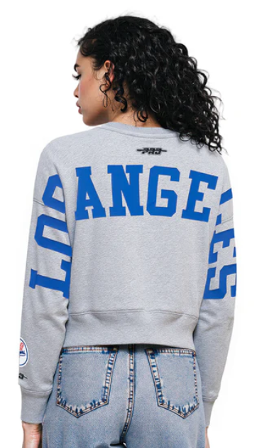 Los Angeles Dodgers Womens Crop Sweatshirt Pro Standard Wingspan Pullover Crewneck Dark Heather Grey - THE 4TH QUARTER