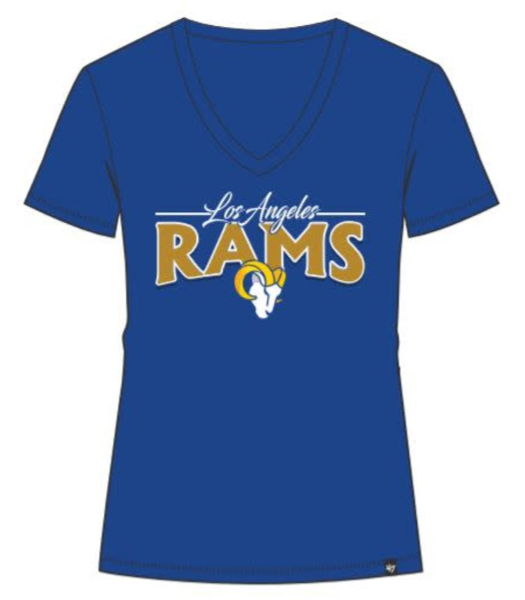 Los Angeles Rams Womens 47 Brand Ultra Rival Glimmer T-Shirt V-Neck Top Blue - THE 4TH QUARTER