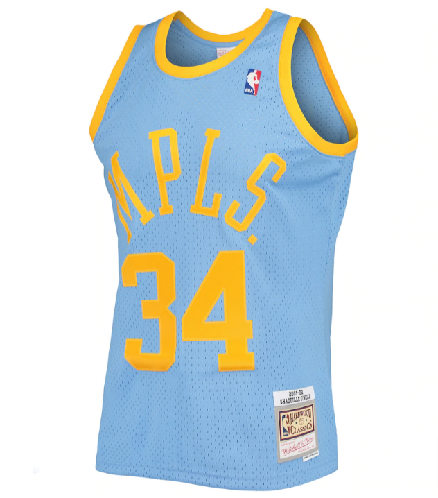Los Angeles Lakers Mens Jersey Mitchell & Ness #34 Shaq O'Neal Powder Blue 2001-02 MPLS Swingman Jersey - THE 4TH QUARTER