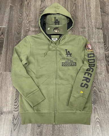Los Angeles Dodgers Womens Sweatshirt New Era Armed Forces 2023 Olive Green Full Zip Hoodie