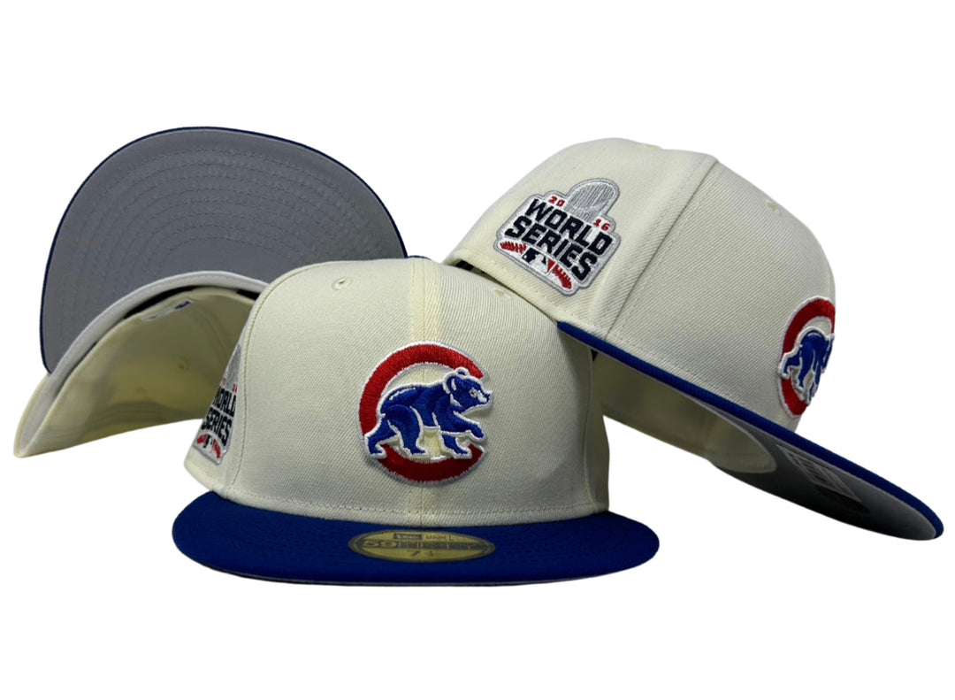 Chicago Cubs Fitted New Era 59Fifty 2016 WS Chrome Blue Cap Hat Grey UV - THE 4TH QUARTER