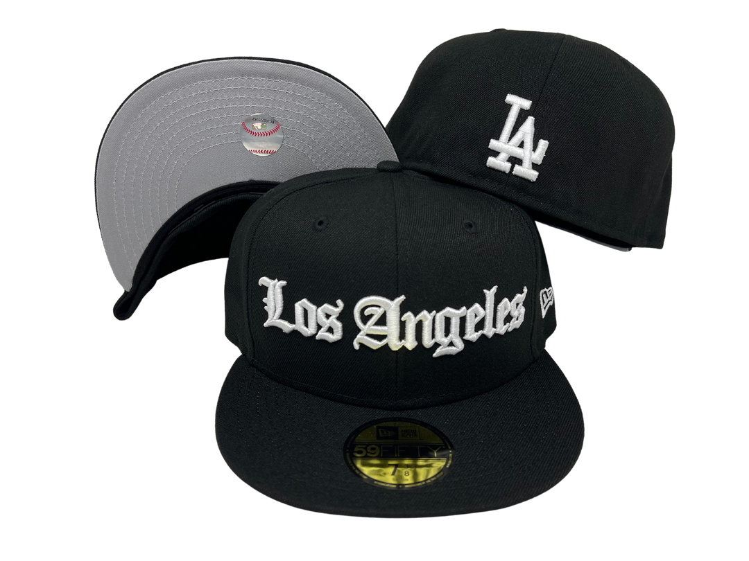 Los Angeles Dodgers Fitted New Era 59Fifty Old English Black Hat Grey UV - THE 4TH QUARTER
