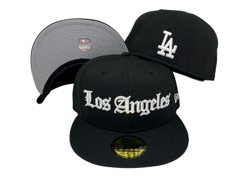 Dodgers Fitted New Era 59Fifty Old English Black Hat Grey UV