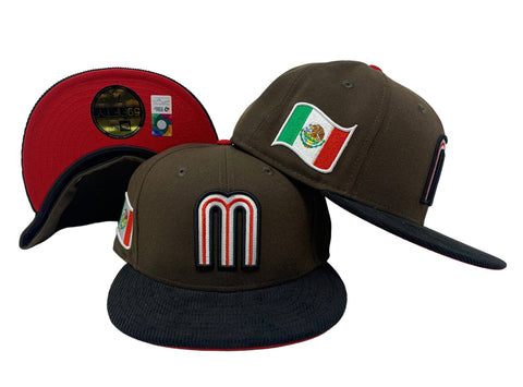 Mexico New Era 59Fifty Fitted Brown Black Corduroy Hat Cap Red UV