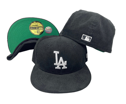 Dodgers New Era Fitted 59fifty LA Logo Black Corduroy Cap Hat Green UV