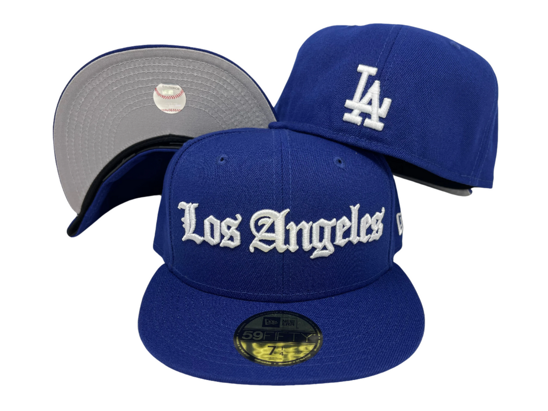 Dodgers Fitted New Era 59Fifty Old English Blue Hat Grey UV - THE 4TH QUARTER