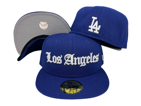 Dodgers Fitted New Era 59Fifty Old English Blue Hat Grey UV