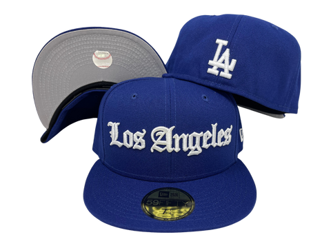 Dodgers Fitted New Era 59Fifty Old English Blue Hat Grey UV