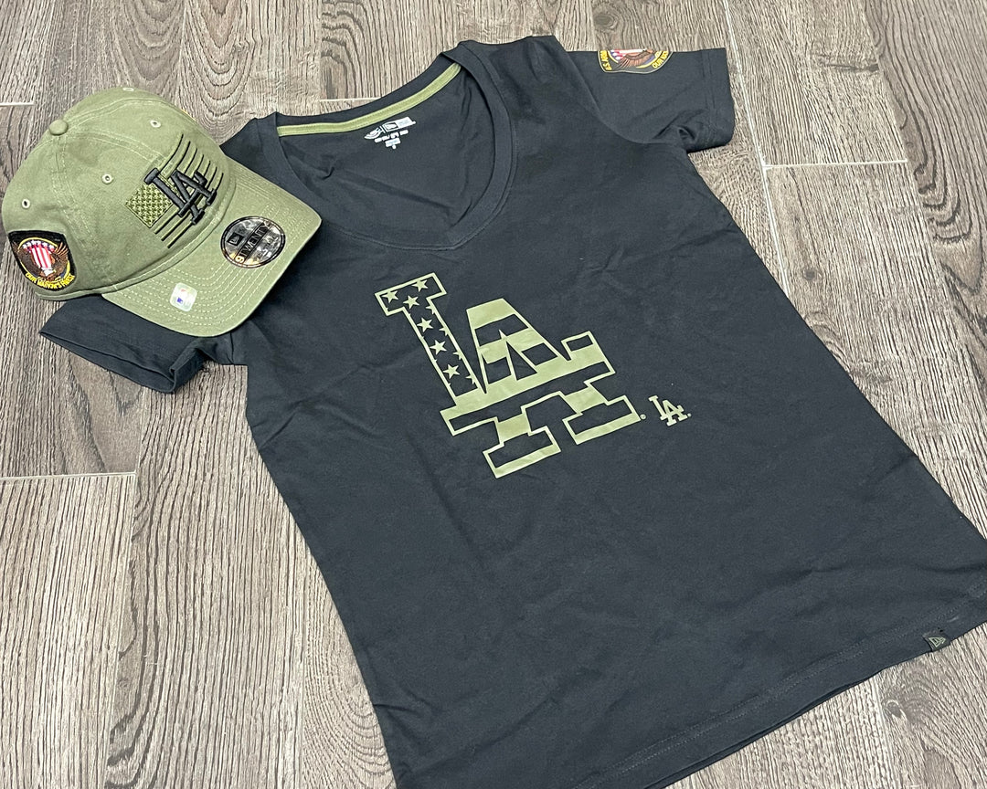 Los Angeles Dodgers Womens T-Shirt New Era Armed Forces 2023 Black V-Neck - THE 4TH QUARTER