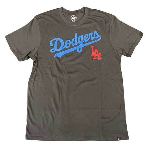 Los Angeles Dodgers Mens T-Shirt '47 Brand Wordmark LA Charcoal Pregame Tee