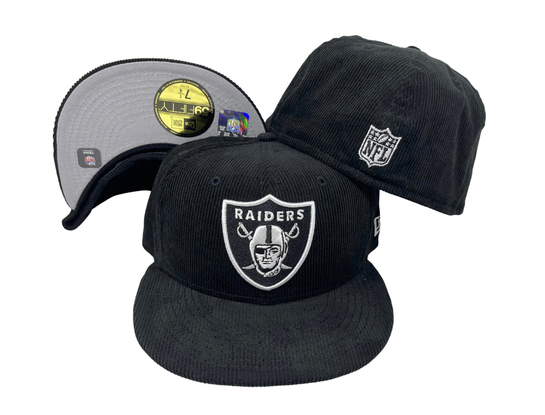 Raiders New Era Fitted 59fifty Black Corduroy Cap Hat Grey UV - THE 4TH QUARTER