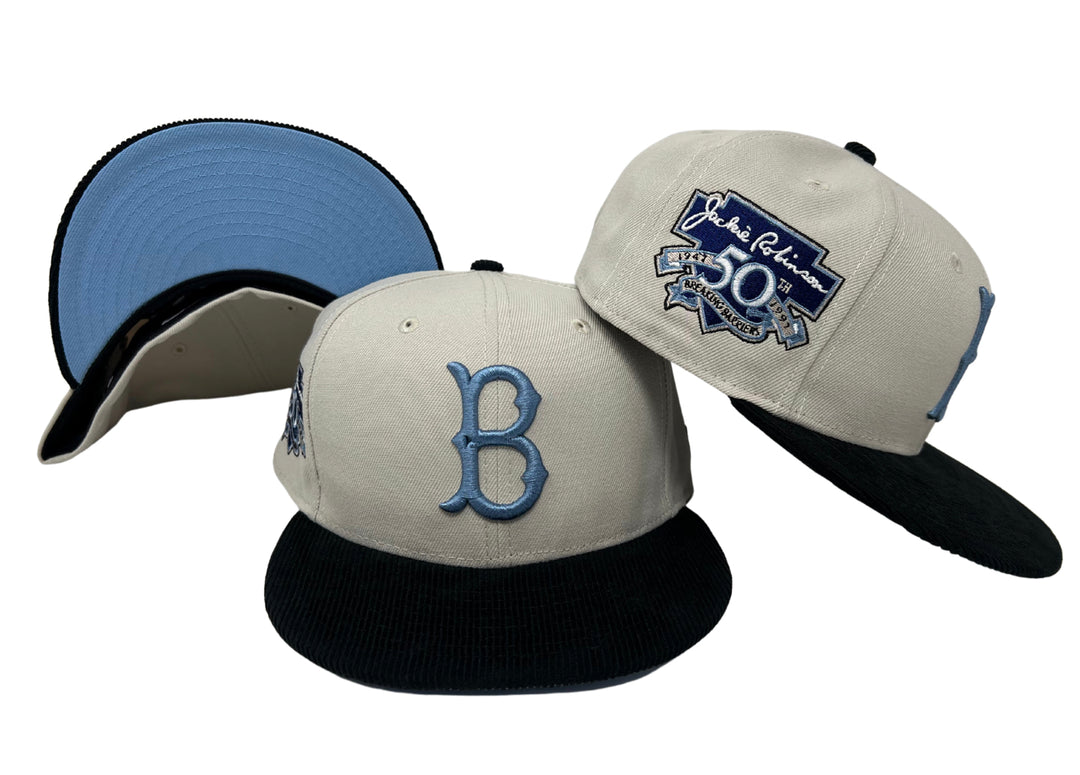 Brooklyn Dodgers Fitted New Era 59Fifty Jackie 50th Stone Black Corduroy Sky UV Cap Hat - THE 4TH QUARTER
