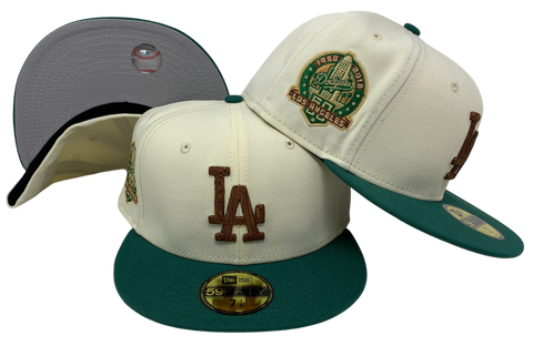 Los Angeles Dodgers Fitted New Era 59FIFTY Cooperstown Collection Camp Chrome Green Cap Hat Grey UV