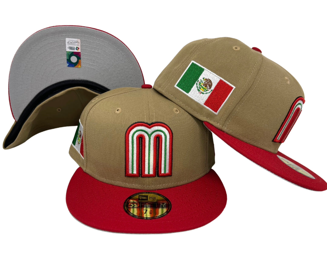 Mexico Fitted New Era 59Fifty "m" Logo Khaki Red Hat Grey UV - THE 4TH QUARTER