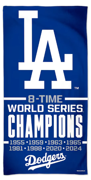 Los Angeles Dodgers 8X World Series Champions Spectra Beach Towel 30" x 60" - THE 4TH QUARTER