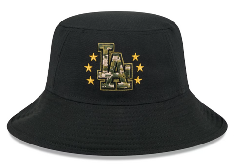 Los Angeles Dodgers Bucket New Era Adjustable 2024 Armed Forces Day Cap Hat Black