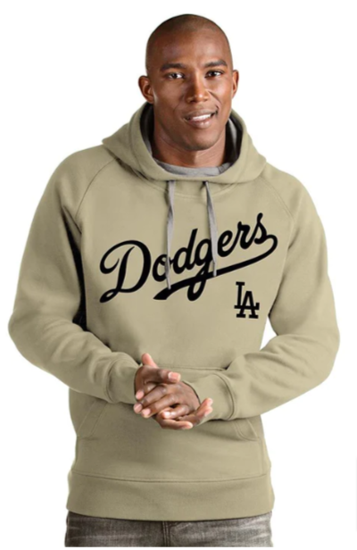 Dodgers Mens Sweatshirt Antigua Victory Pullover Hoodie Khaki - THE 4TH QUARTER