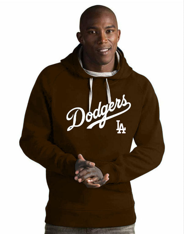 Dodgers Mens Sweatshirt Antigua Victory Pullover Hoodie Brown - THE 4TH QUARTER