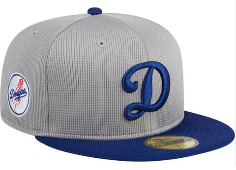 Los Angeles Dodgers Fitted New Era 59Fifty 2024 Batting Practice Road Grey Blue Hat Cap