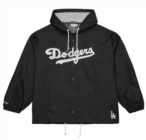 Los Angeles Dodgers Mens Mitchell & Ness Coaches Wordmark Hooded Jacket Black - THE 4TH QUARTER